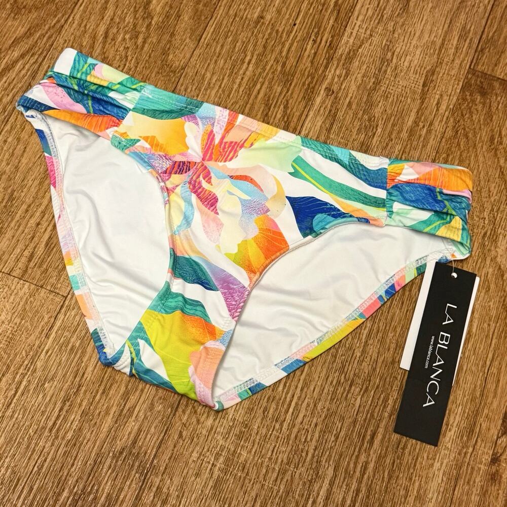 La Blanca Multicolored Tropical Side Shirred Hipster Swim Bikini Bottom Size 4